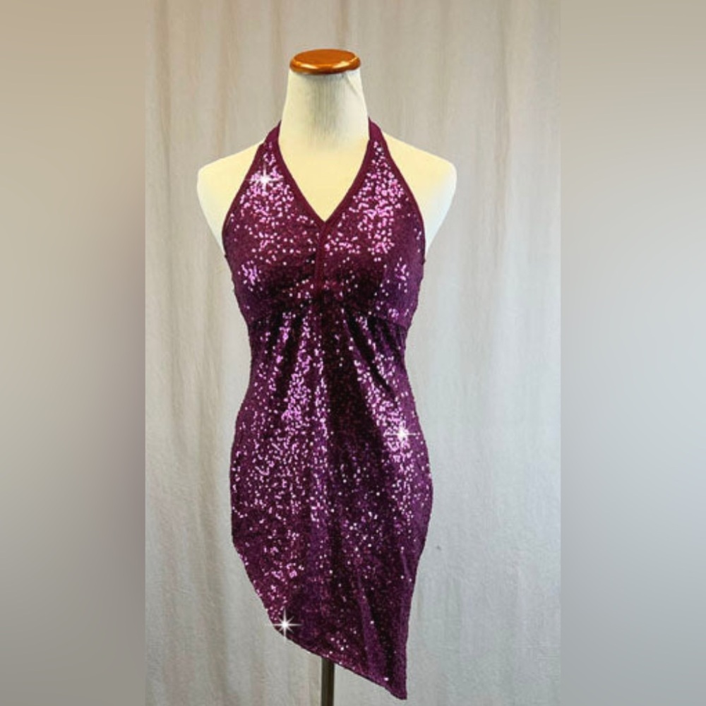 Custom Purple Sequin Halter Mini Dress (for Dance, Jazz, Costume, Festival)